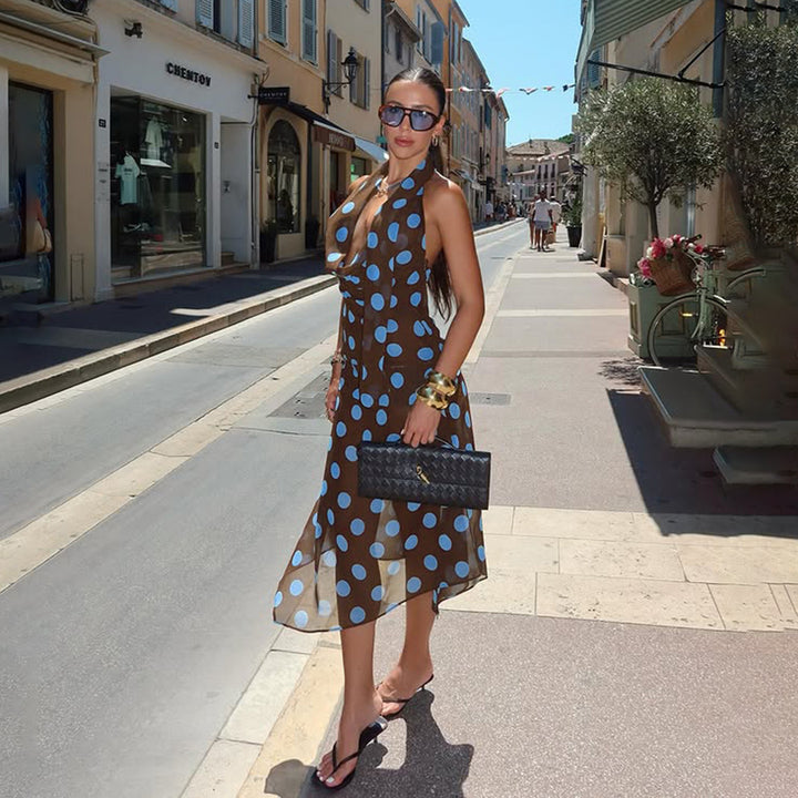 Dame strapless top med dyb V-hals og uforglemmeligt prikkedesign Skovae