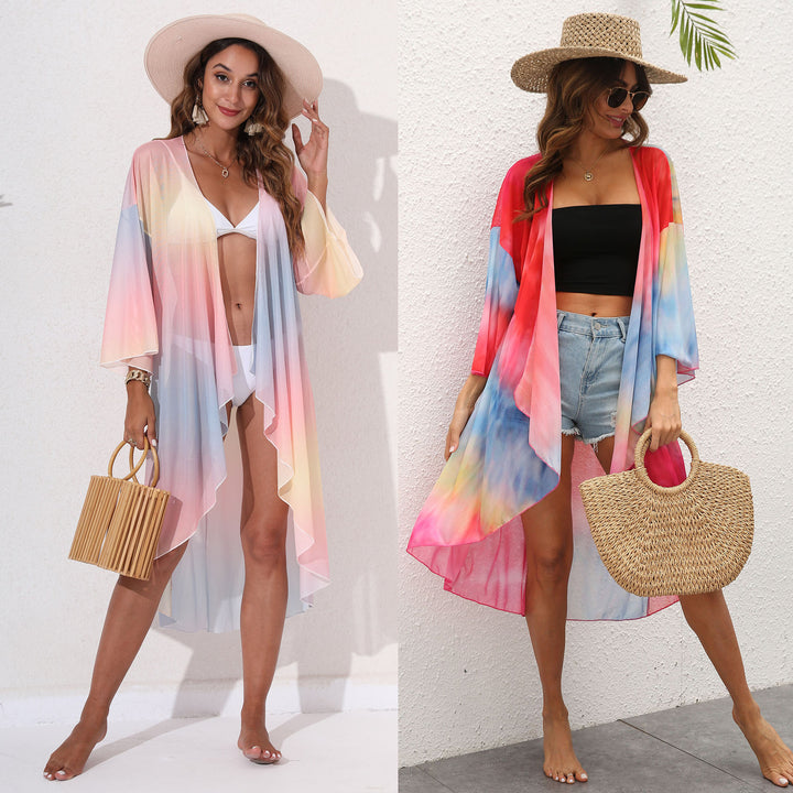 Dame luftig Strandkimono med farverigt batikdesign Stilla