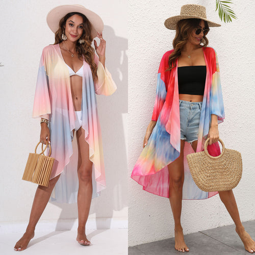 Dame luftig Strandkimono med farverigt batikdesign Stilla
