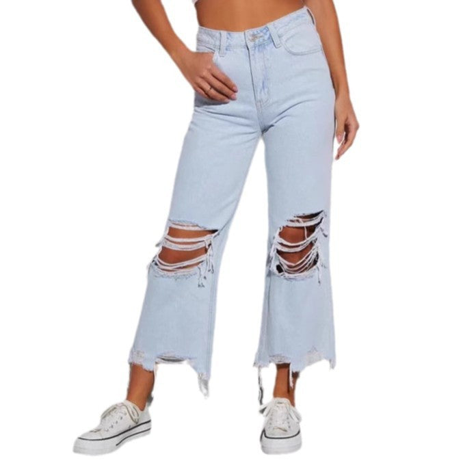 Dame løse boyfriend jeans med imponerende slidte detaljer og brede ben Skovae