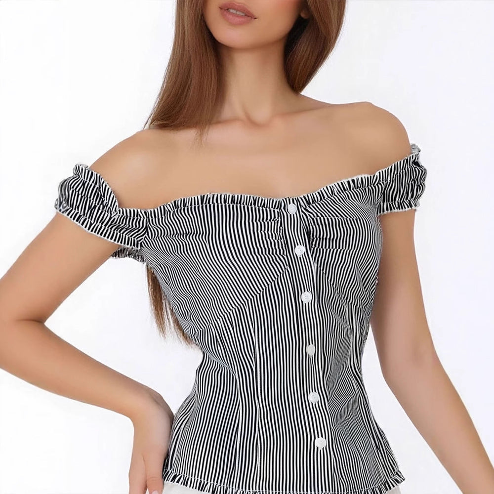 Dame Off-Shoulder Bluse med fine flæsedetaljer og stribet mønster Skovae