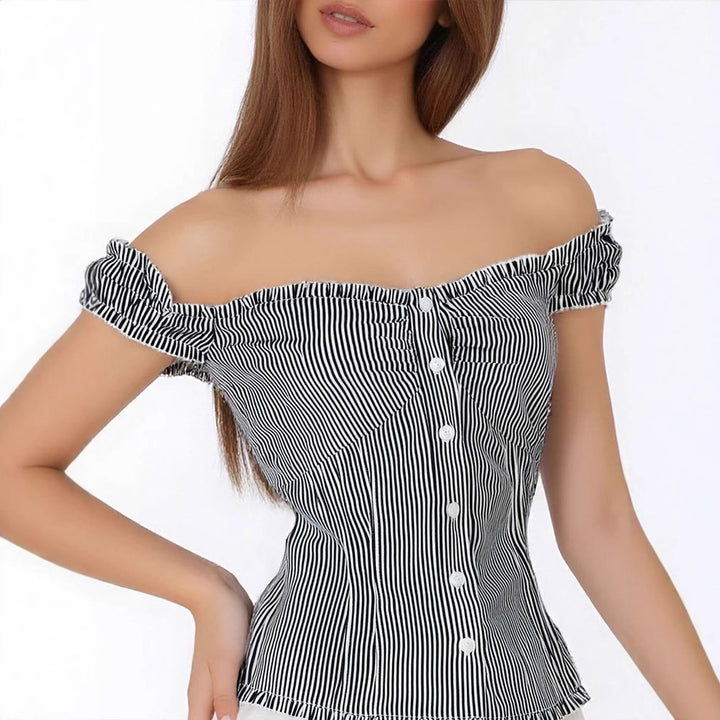 Dame Off-Shoulder Bluse med fine flæsedetaljer og stribet mønster Skovae