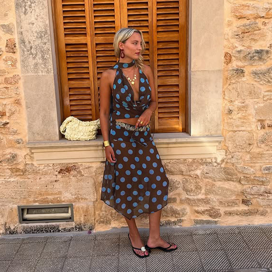 Dame strapless top med dyb V-hals og uforglemmeligt prikkedesign Skovae
