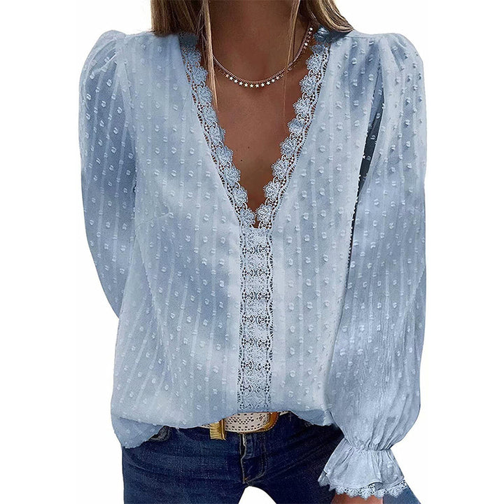Dame Elegant Bluse med Spidsdetaljer og Pufærmer Stilla