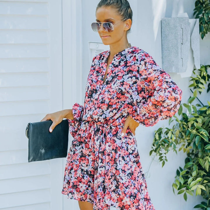 Dame Løs Floral Mini Kjole med Bånd Detalje Stilla