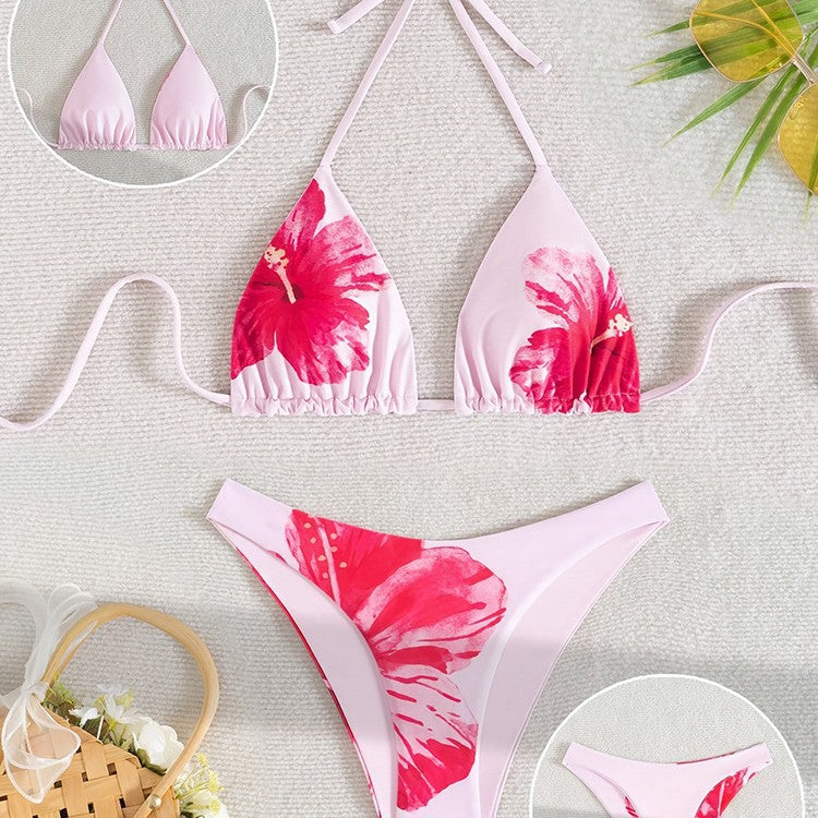 Dame triangel-bikini med blomstret design og justerbare stropper Skovae