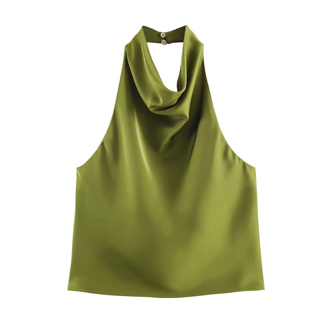 Dame elegant halterneck top med flydende snit og dekorative detaljer Skovae