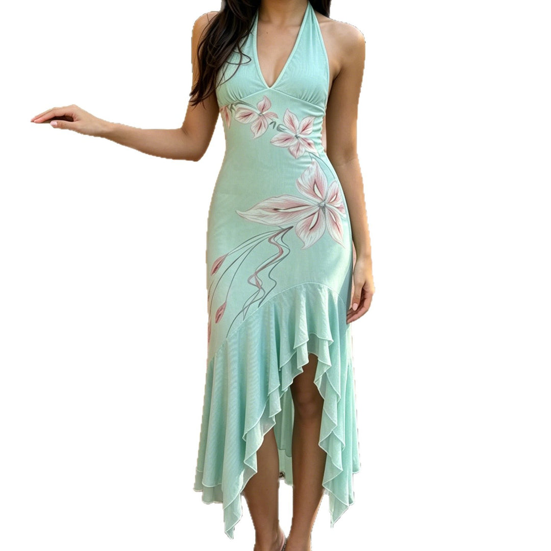 Dame Elegant Maxikjole med floral design og asymmetrisk kant Skovae
