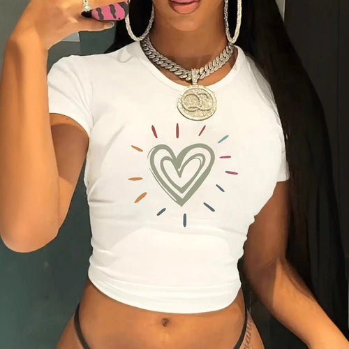 Dame Crop-T-Shirt med kreativt hjerte-motiv og moderne pasform Skovae
