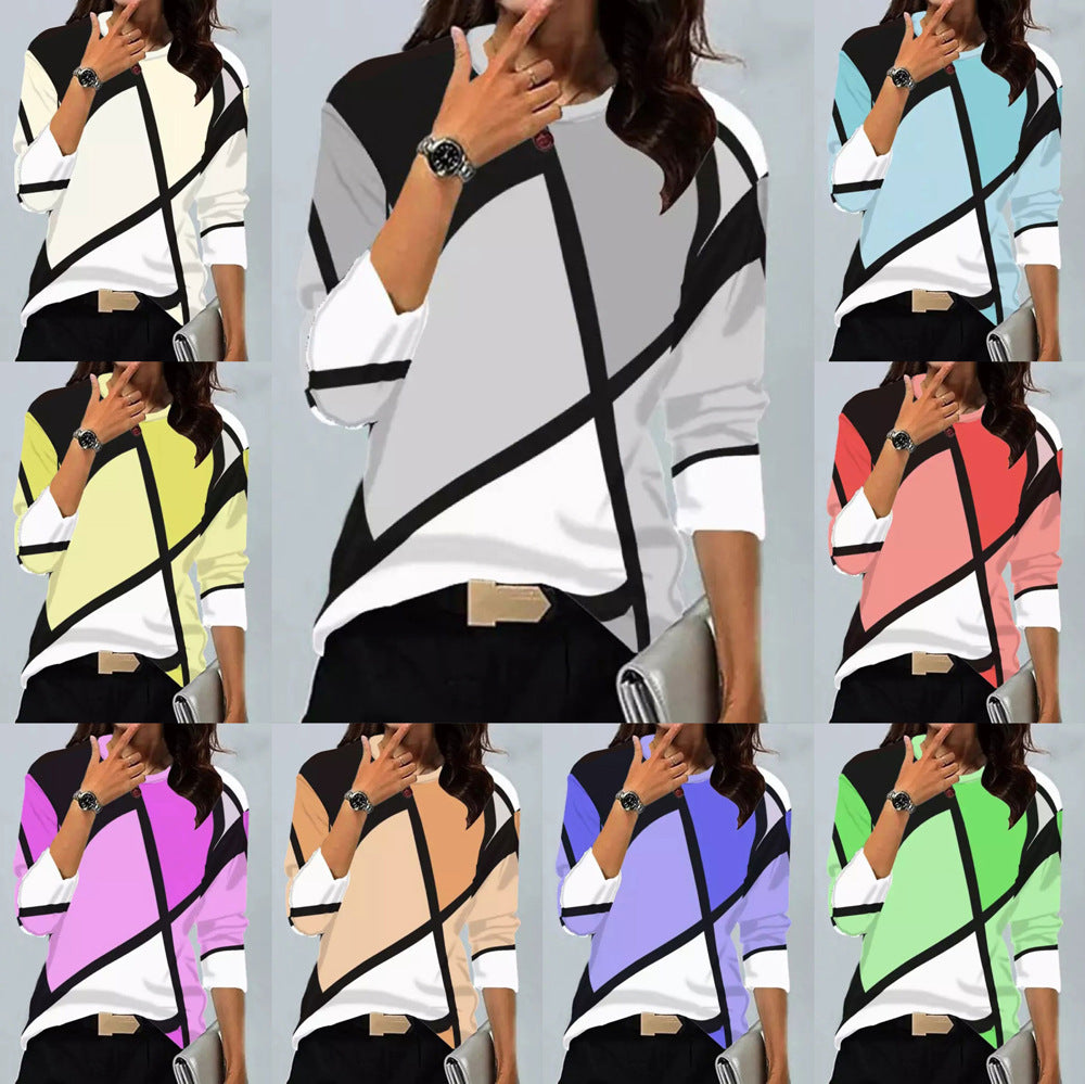 Stilla | Trendy Vintage Geometrisk Print Rund Hals Langærmet T-shirt