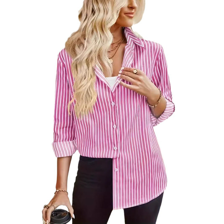 Dame elegant stribet blouse med klassisk krave Stilla