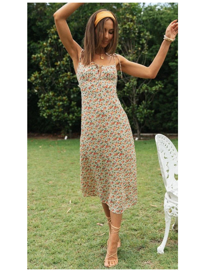 Dame Floral Print Maxi Kjole med justerbar bånd-detajle Stilla