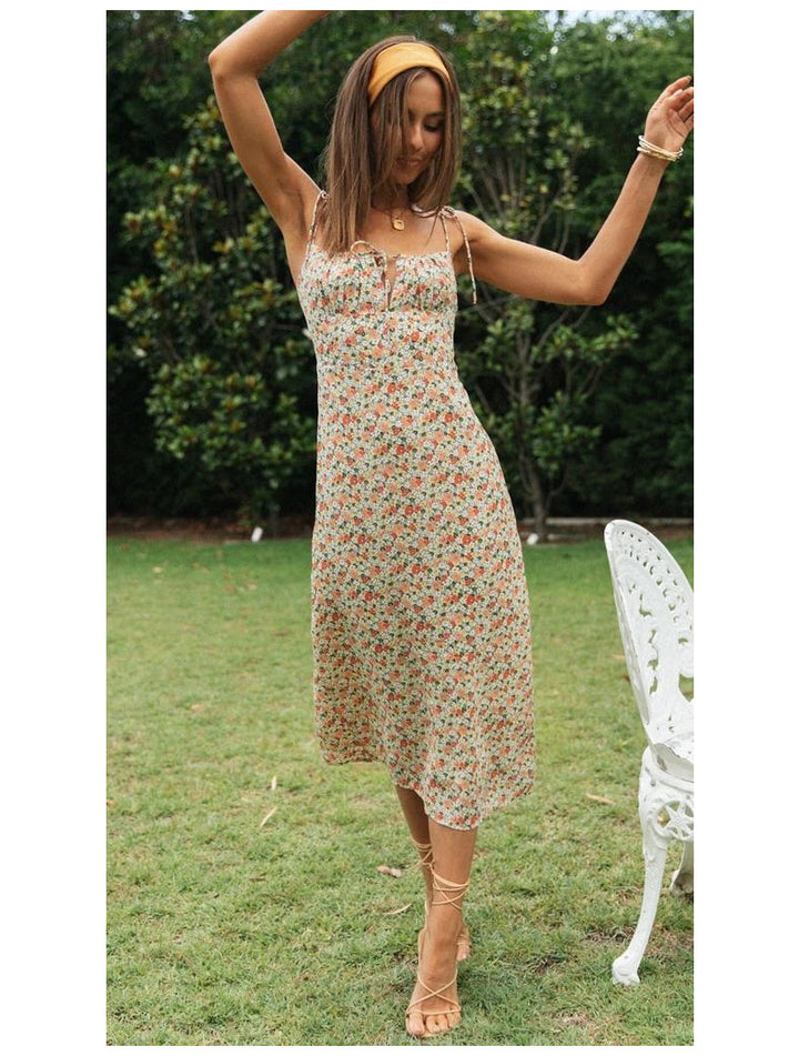 Dame Floral Print Maxi Kjole med justerbar bånd-detajle Stilla