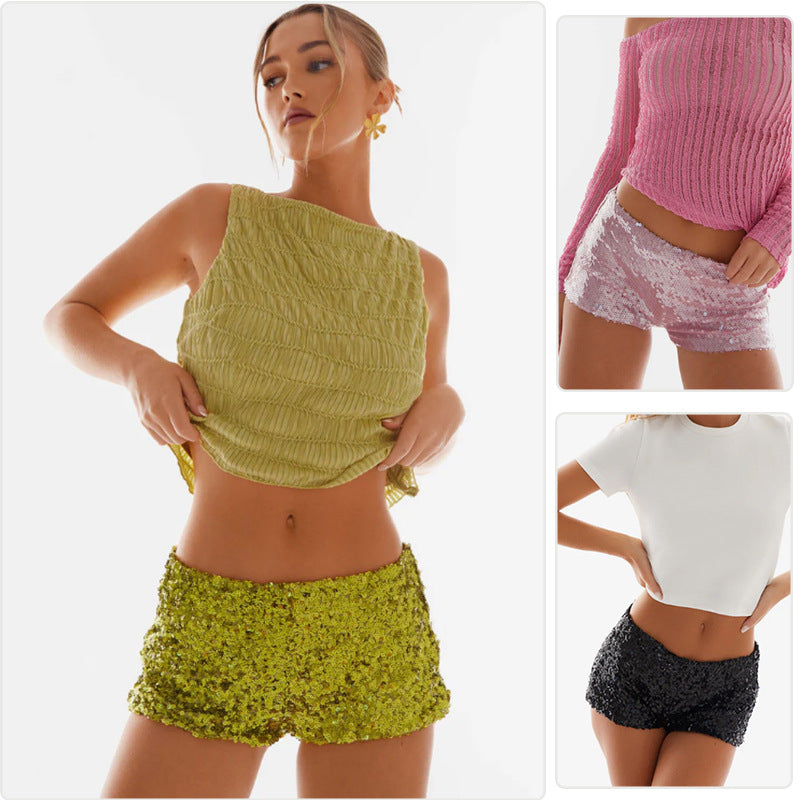 Dame glitrende shorts med trendy snit og elastisk talje Skovae