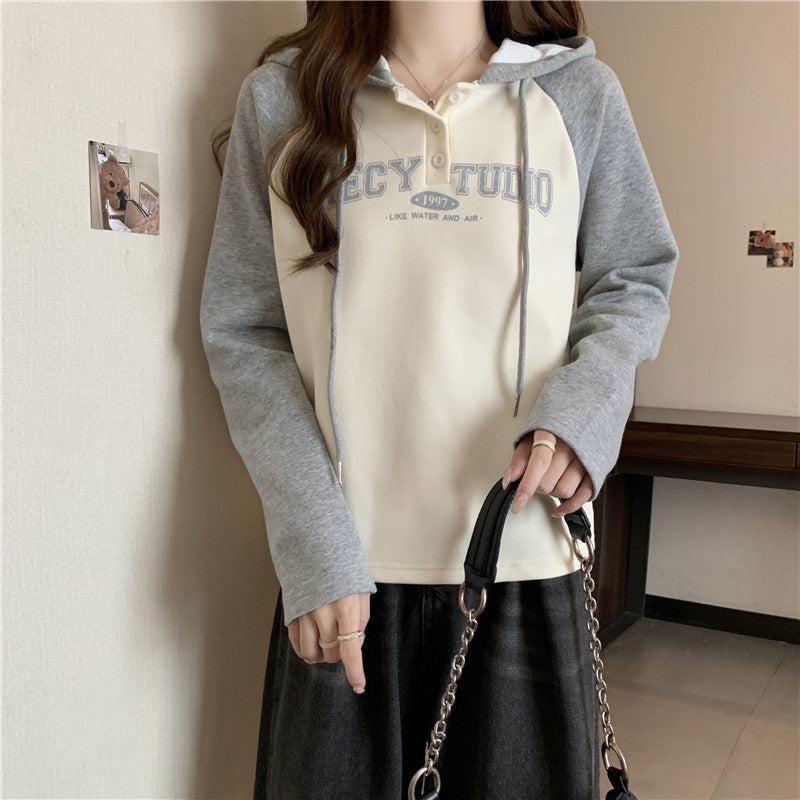 Femme Casual Kontrast Hoodie med knapdetalje Stilla