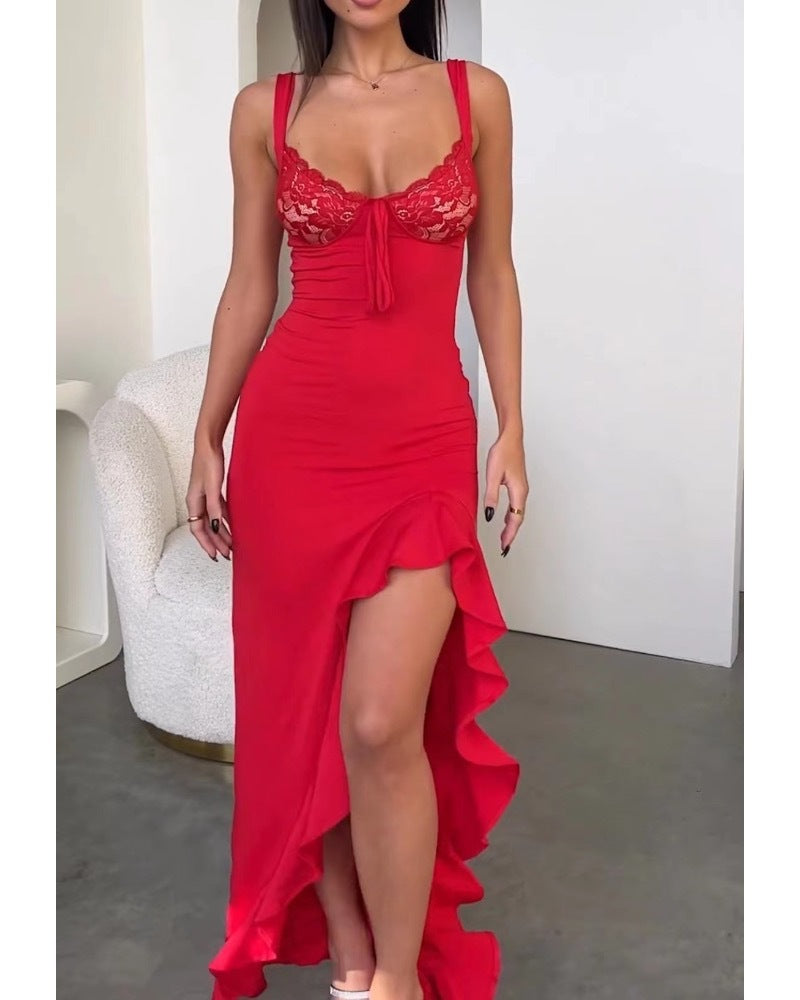 Damer Elegant Maxi Kjole med Blonde Korsage og Asymmetrisk Kant Skovae