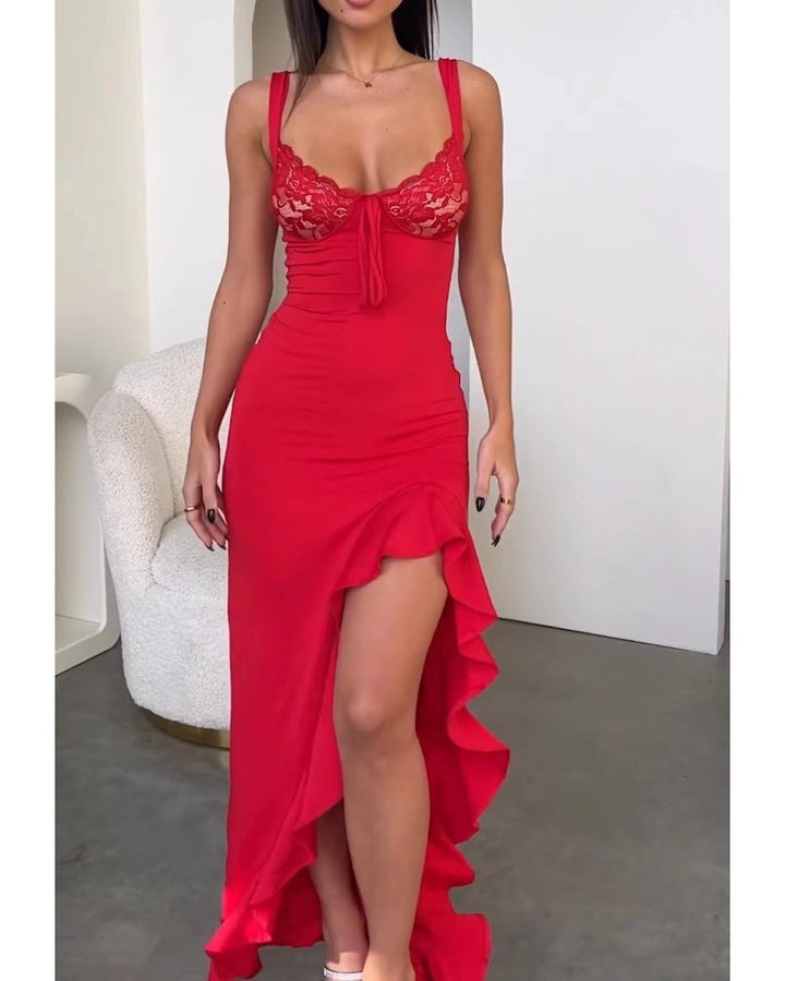 Damer Elegant Maxi Kjole med Blonde Korsage og Asymmetrisk Kant Skovae