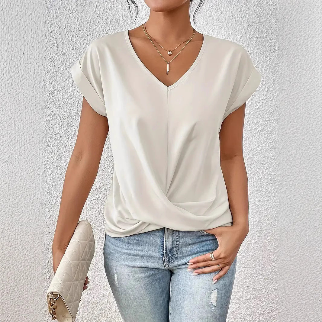 Damer elegant V-udskæring bluse med afslappet drapering Skovae