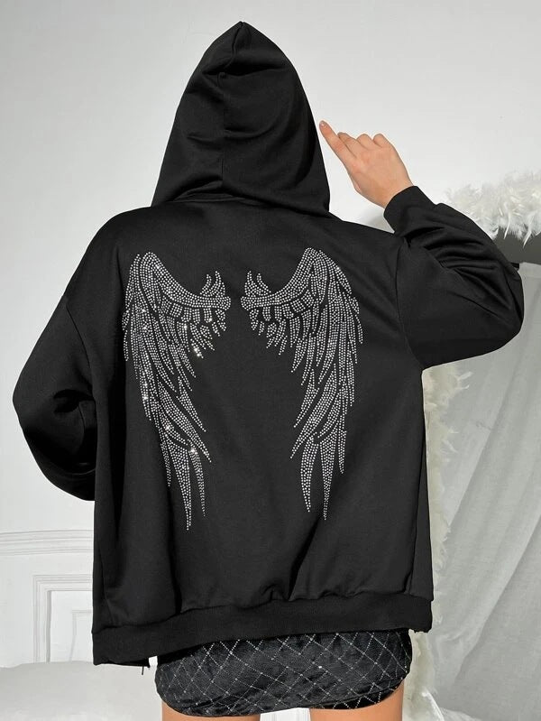 Dame Hoodie med Glitrende Vinge Design Stilla