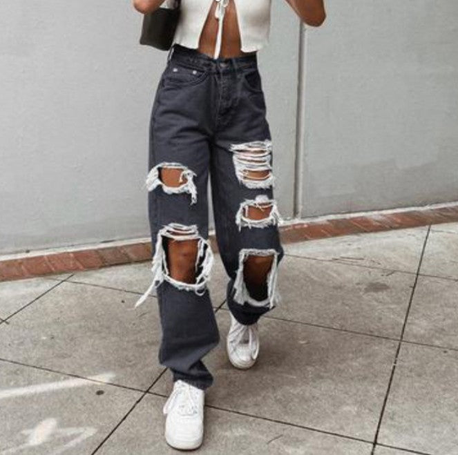 Dame casual ødelagte jeans med bredt ben Skovae
