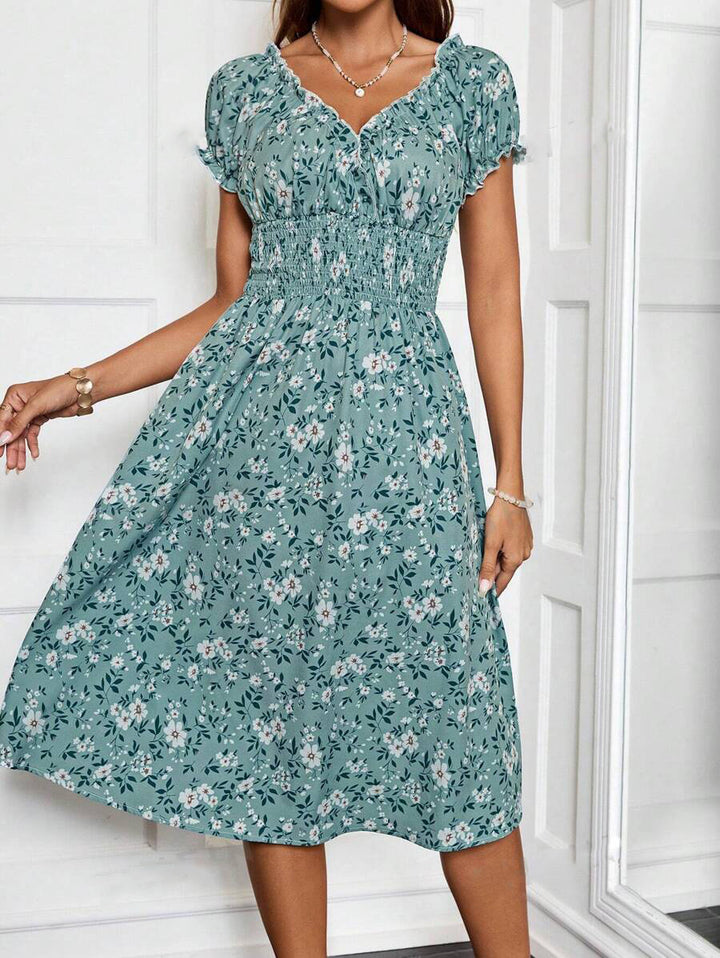 Dame Blomster Midikjole med elastisk Taljeindsats og Ruffles Detaljer Stilla
