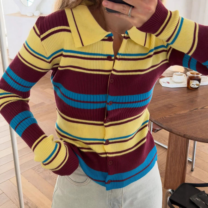 Kvinders ribbet cardigan med brede striber og krave Stilla