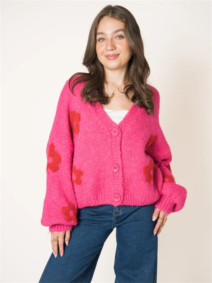 Kvinders cardigan med blomsterprint og voluminøse ærmer Stilla