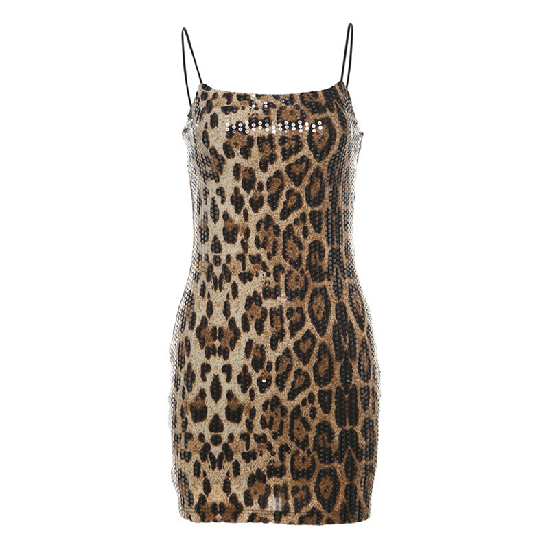 Damer Elegant Leopardskind Kjole med Glittersten Skovae
