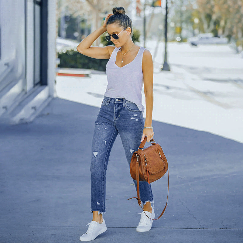 Dame Vintage-stil jeans med høj talje og Destroyed-detaljer Stilla