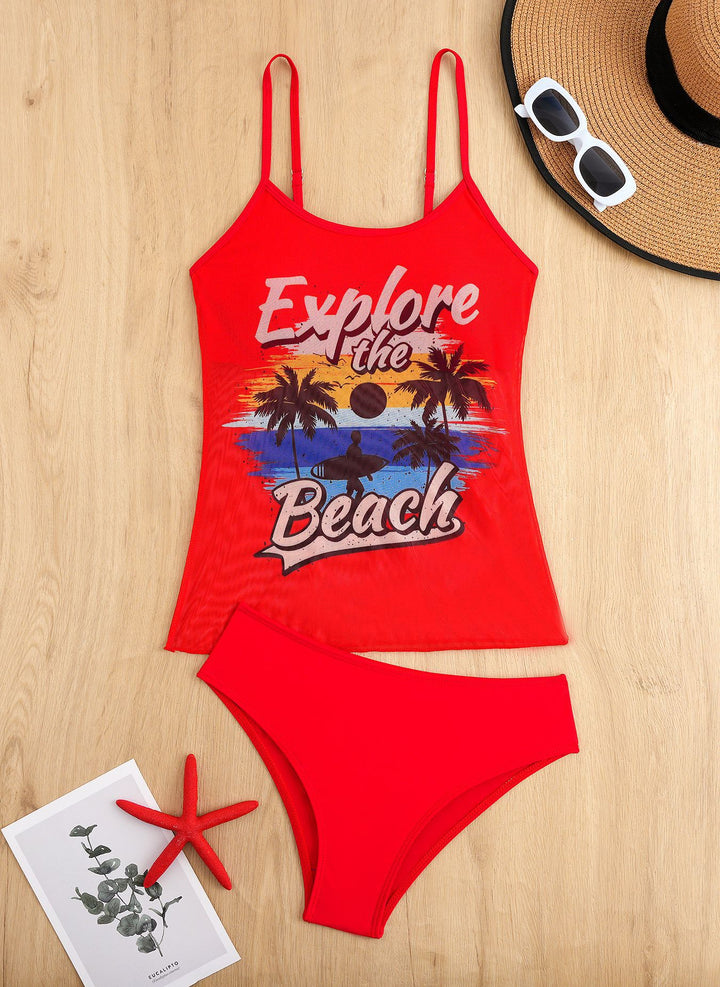Dame Tankini-sæt med sporty grafikdesign og højtaljede trusser Skovae