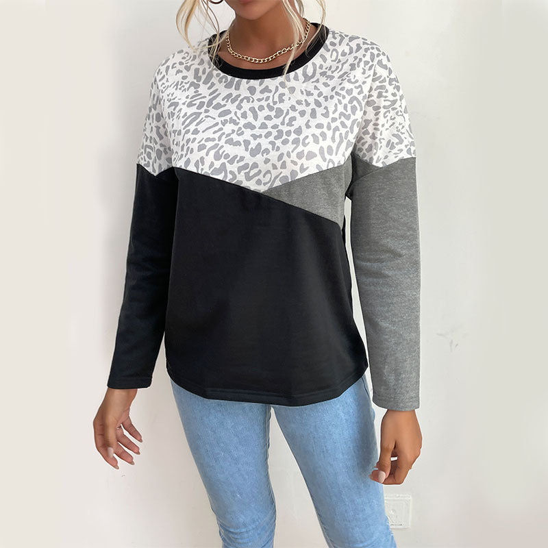 Kvinders fashionable langærmet skjorte med kreativ leopardprint og blokstriber Stilla