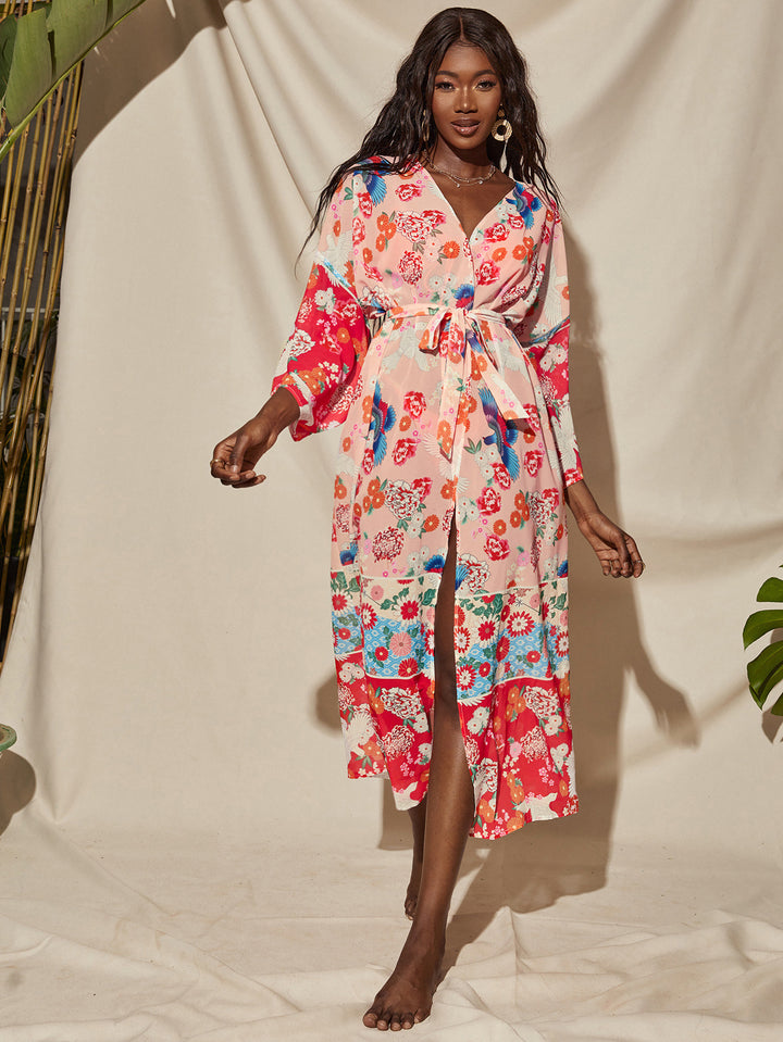 Dame floral Maxi-Kimono med sideslids og bindebælte Stilla