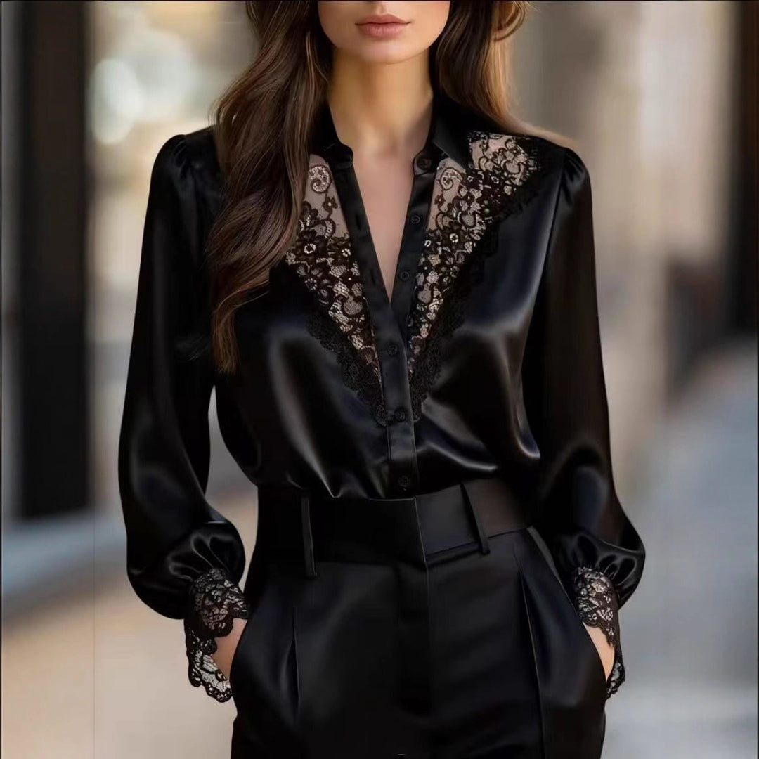 Dame elegant bluse med romantiske spidsdetaljer Skovae