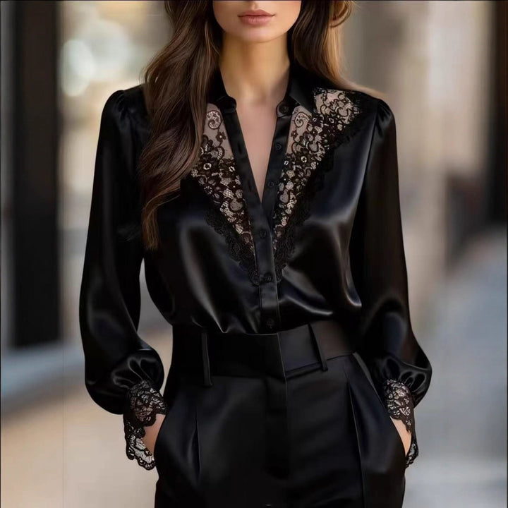 Dame elegant bluse med romantiske spidsdetaljer Skovae