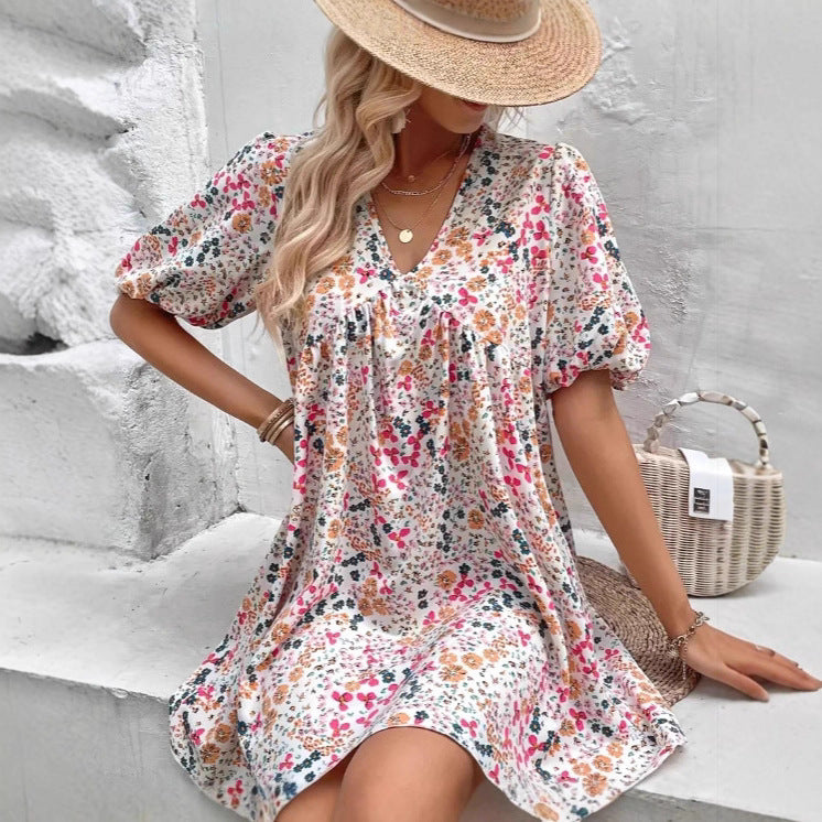 Dame Floral Print Puff Sleeve Mini Kjole Stilla