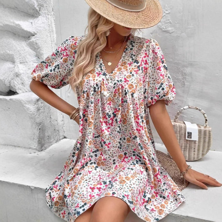 Dame Floral Print Puff Sleeve Mini Kjole Stilla