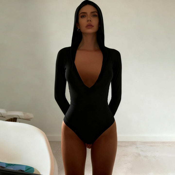 Dame Langærmet bodysuit med hætte og dyb V-udskæring Skovae