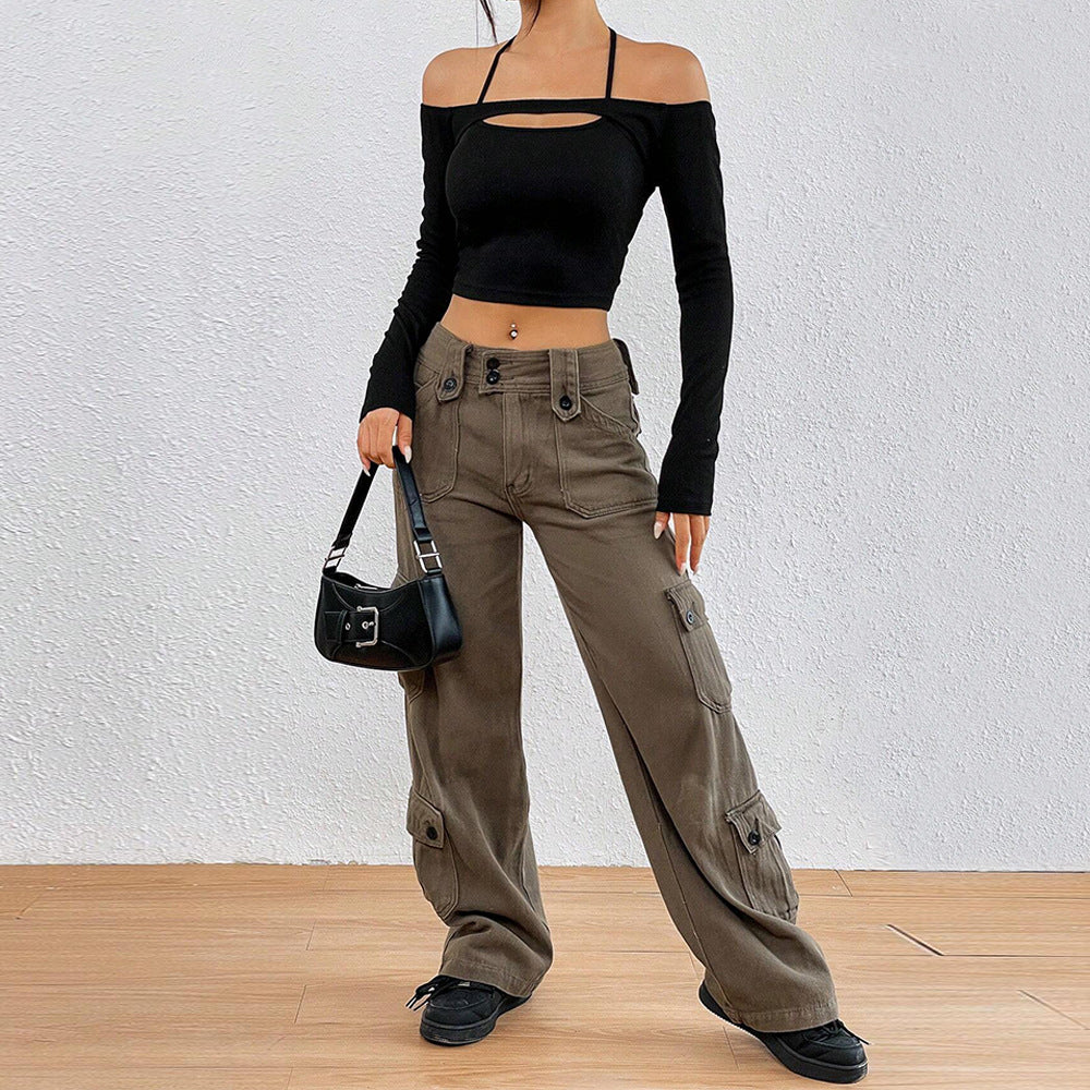 Kvindernes Off-Shoulder Crop Top med Asymmetrisk Udsnit og Lange Ærmer Stilla