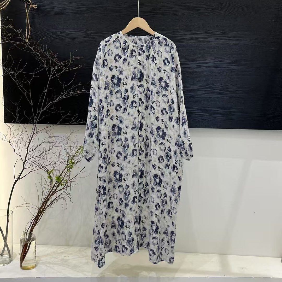 Dame Floral Print Lange Knaplukning Kjole Stilla