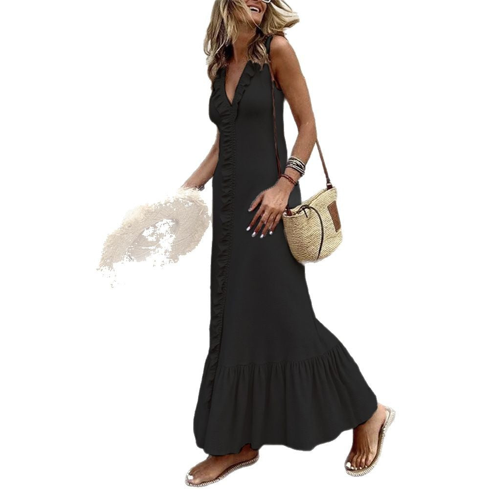 Dame Rynket V-Hals Maxi Kjole Stilla