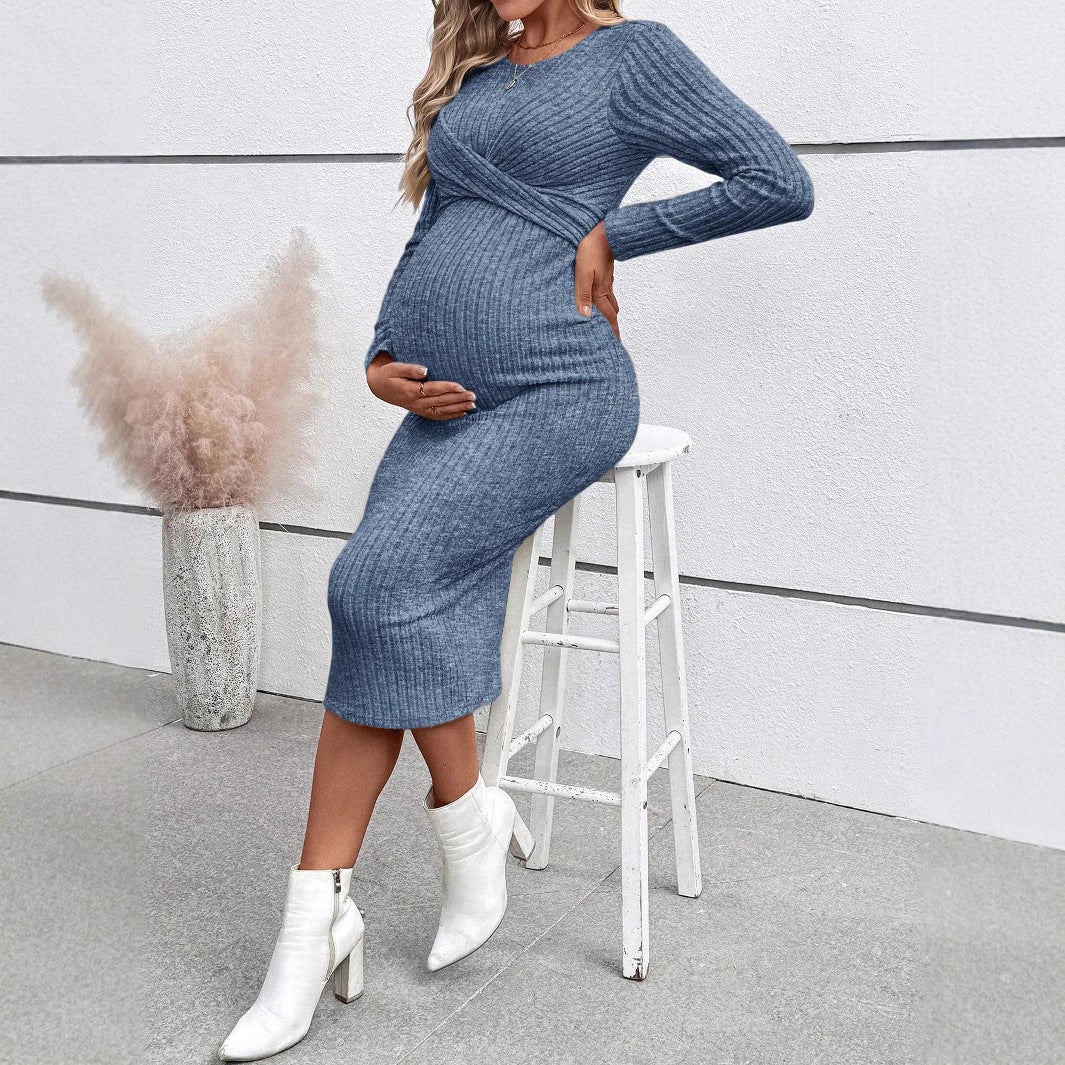 Dame wrapping dress til gravide kvinder med lange ærmer og rib design Stilla