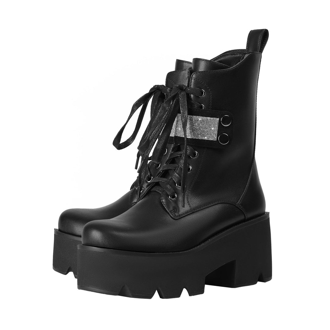Femme Chunky Platform Snørebånd Kamp Støvler med Strass Accent Stilla