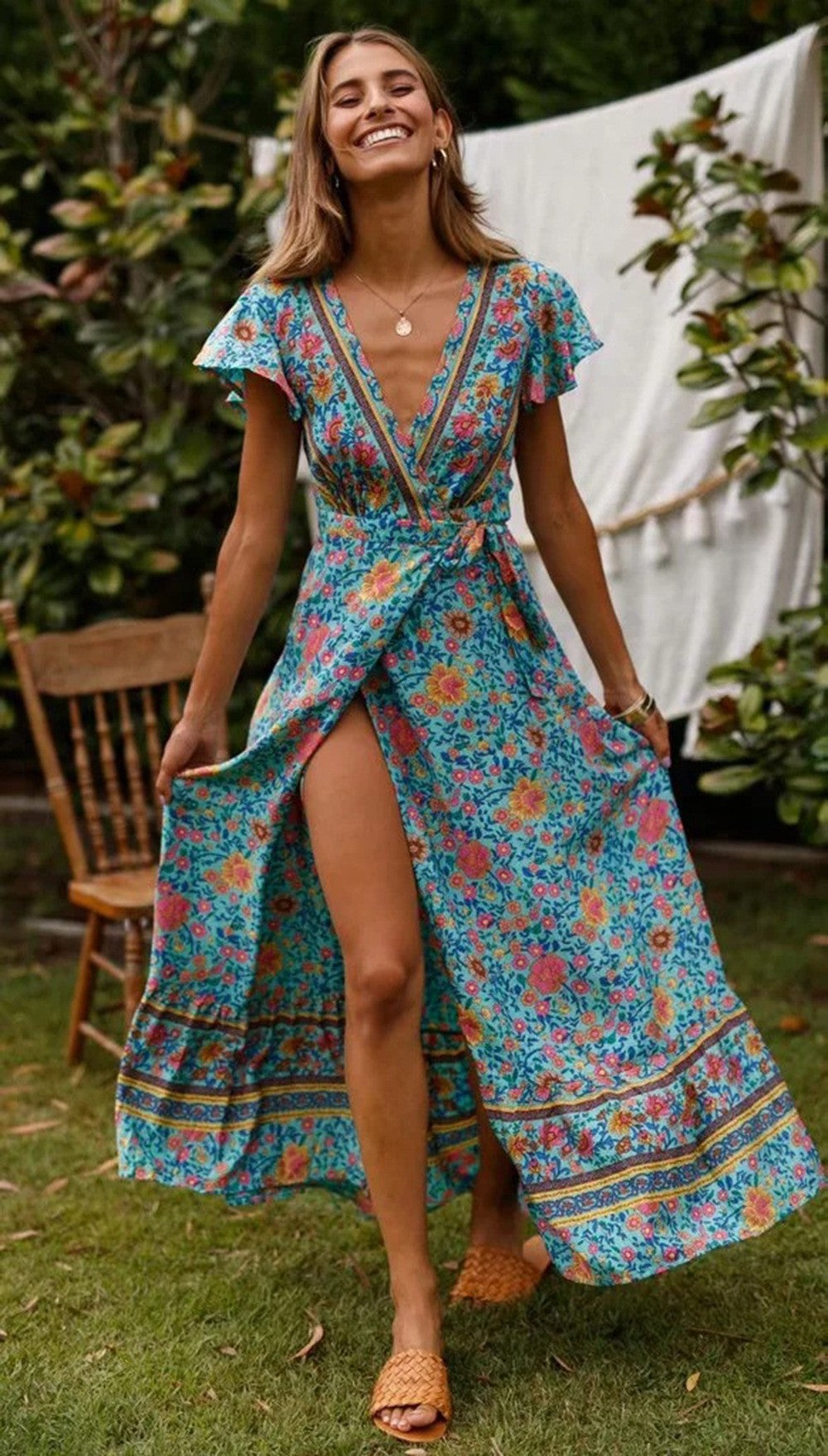 Dame Floral Maxi Bindekjole med Høj Slids og Flæsedetaljer Stilla