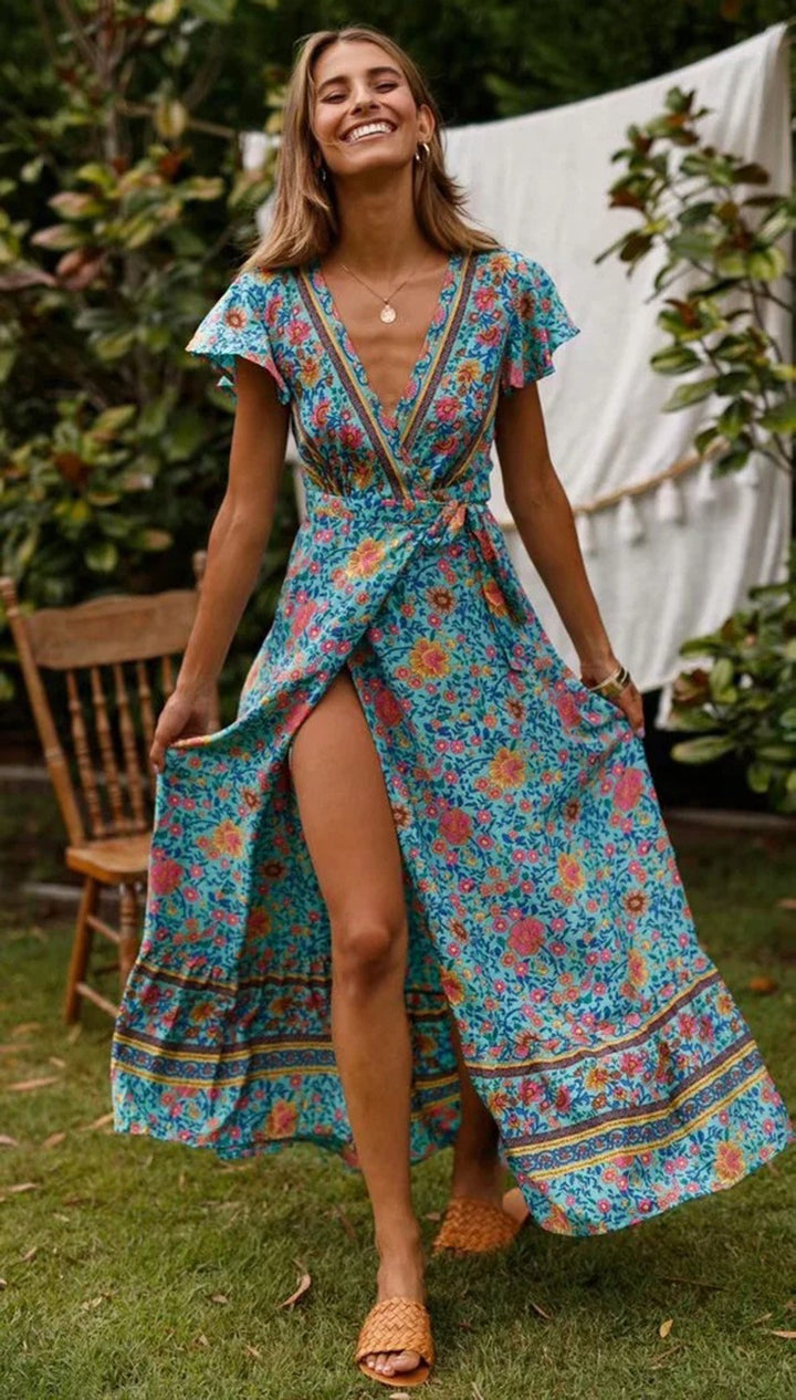 Dame Floral Maxi Bindekjole med Høj Slids og Flæsedetaljer Stilla