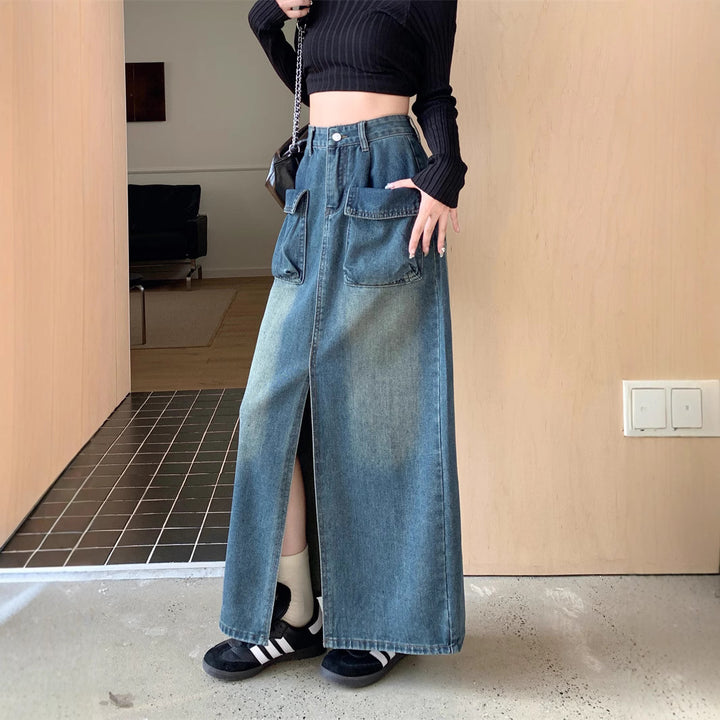 Kvinders lange denimnederdel med rummelige lommer Stilla