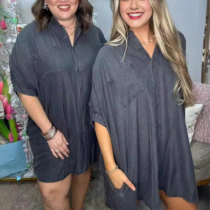 Dame Størrelse Denim-Sk Shirt kjole med praktiske lommer og afslappet snit Stilla