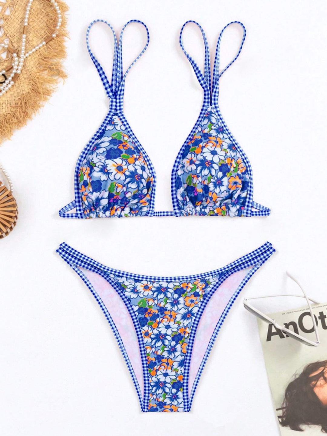 Dame bikini-sæt med blomstret design og ternet top Stilla
