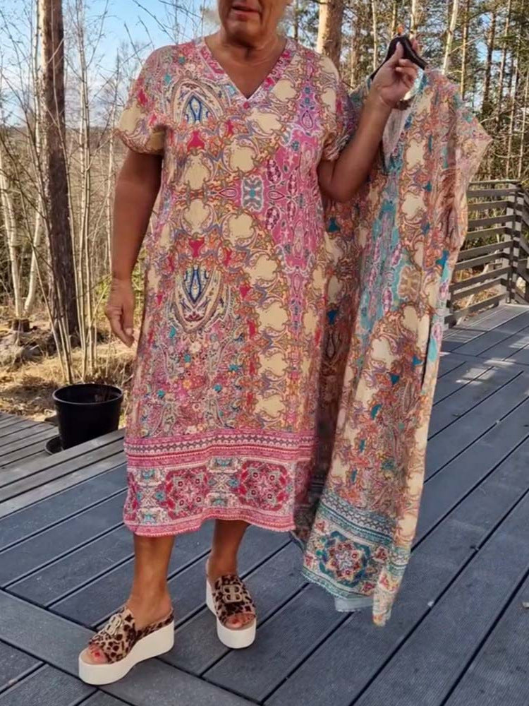 Dame Kaftan-kjole med koordineret tørklæde og sidelommer Stilla