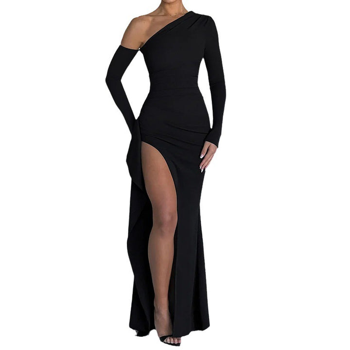 Dame Elegant One-Shoulder Maxi Kjole med Glitrende Stof og Tætsiddende Snit Skovae