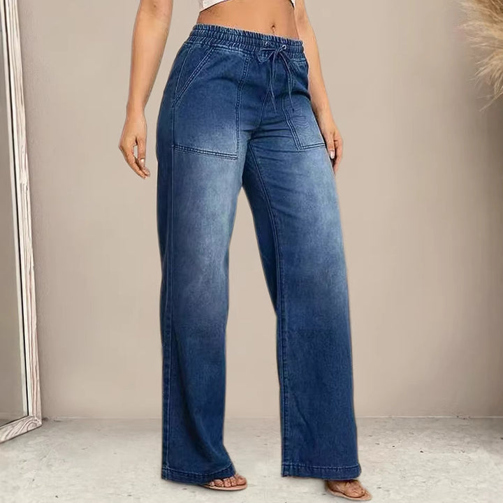 Dame wide-cut jeans med elastisk talje og trendy slidt udseende